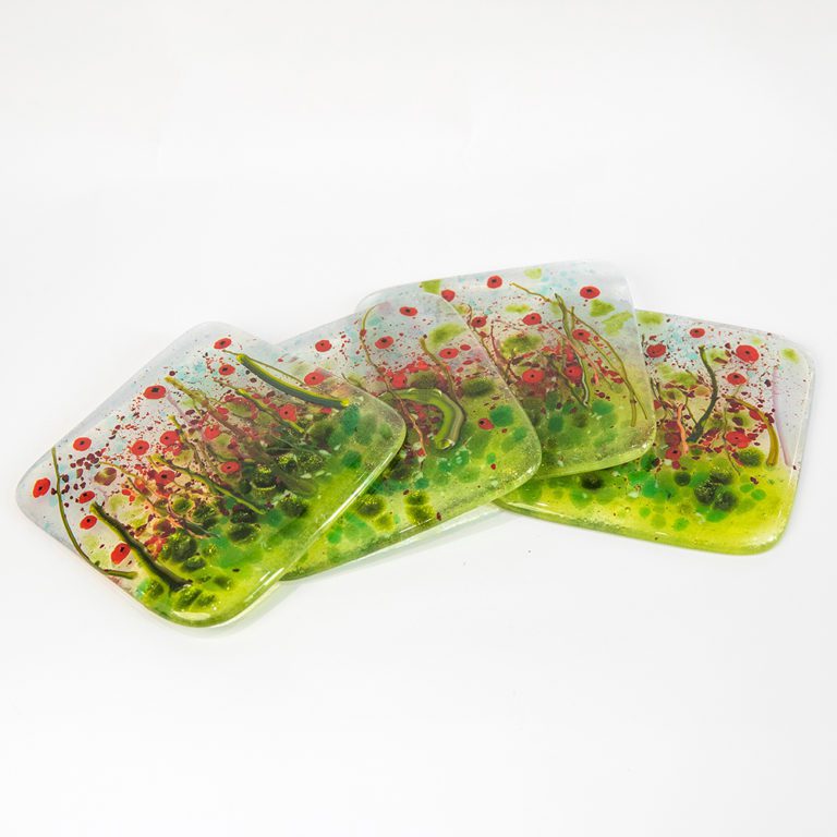 Fused Glass Poppy Meadow Coasters