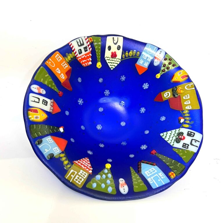 Fused Glass Art Christmas Village Bowl