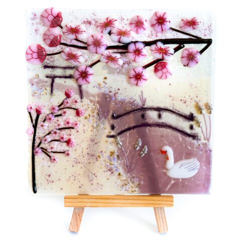 Fused Glass Blossom Tree with a Swan